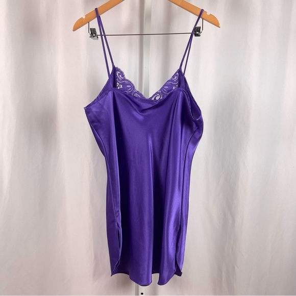 Vintage Inner Most Large Jewel Tone Lace Deep Purple Satiny Silky Slip Dress - Picture 2 of 8